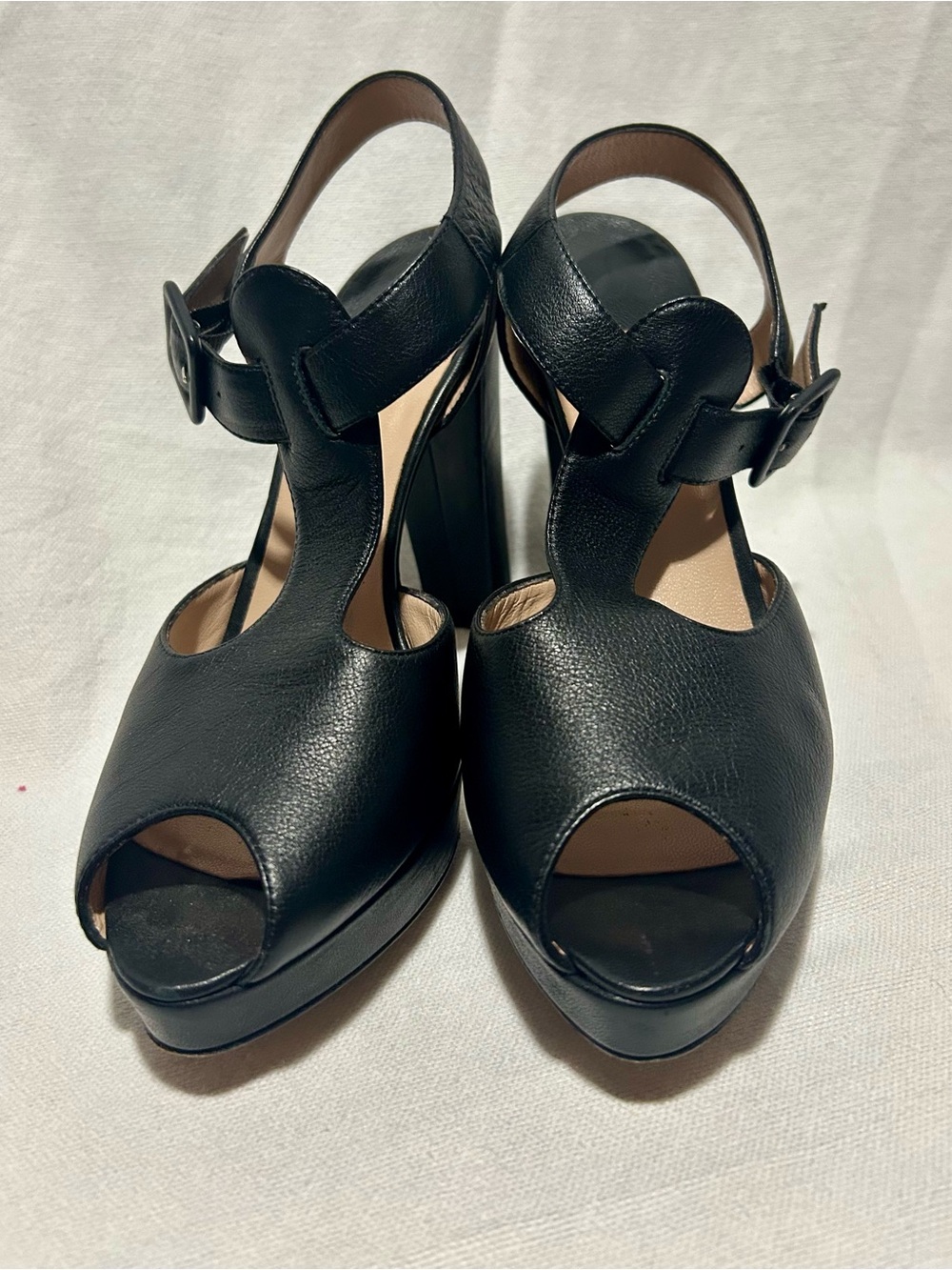 Furla Black Leather Platform Peep Toe T-Strap Sandal Heels 38